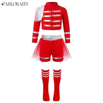 Lapsed Tüdrukud Cheerleading Kostüümid Ühtne Pikad Varrukad Crop Top, lühikesed Püksid Võre Seelik, Sokid Halloween Komplekt Jazz Tantsu Kleit