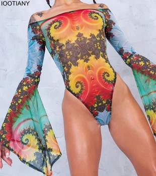Naiste 3D-Printimine Ühes Tükis Ujumisriided, Pikk Varrukas, Lahvatas Kombekas Maha Õla Sport Ujumistrikoo Multicolour Bodysuits Kostüümid